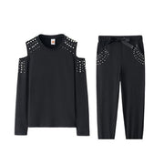 Tracksuit Women Two Piece Set Beading Decor Cold Shoulder Long Sleeve Top + Pants Jogger Suit Female Casual Lounge Wear Outfits