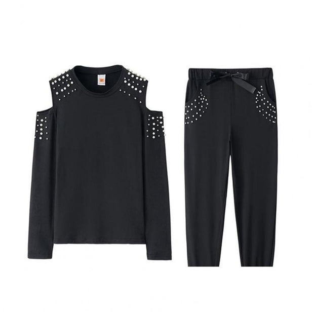 Tracksuit Women Two Piece Set Beading Decor Cold Shoulder Long Sleeve Top + Pants Jogger Suit Female Casual Lounge Wear Outfits