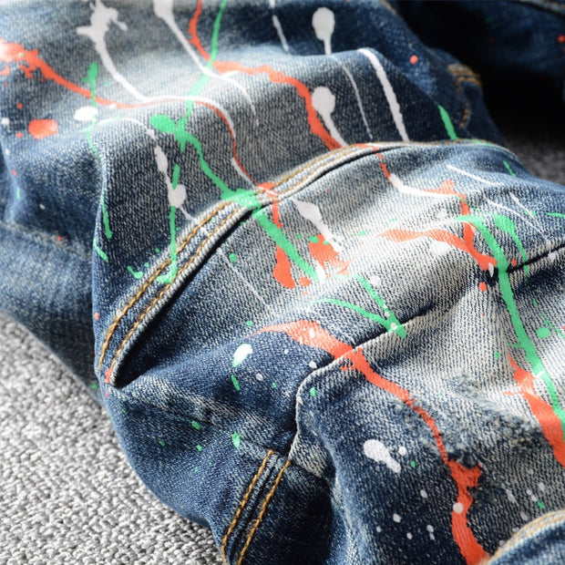 美国街头时尚男士牛仔裤彩绘设计师修身弹力朋克长裤拼接机车牛仔裤男士嘻哈裤