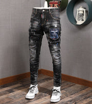 Newly Designer Fashion Men Jeans Italian Vintage Painted Retro Ripped Denim Pants Streetwear Elastic Slim Fit Hip Hop Trousers