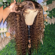 30 32 Inch Highlight Ombre T Part Lace Wig Curly Human Hair Wigs Honey Blonde Colored Deep Wave For Black Women