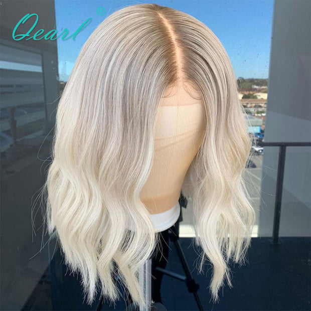 Women&quot;s Human Hair Lace Wigs Short Bob Lace Part Frontal Wig Ombre Ash Blonde Grey Highlights 13x1 Wavy Virgin Hair 150% Qearl