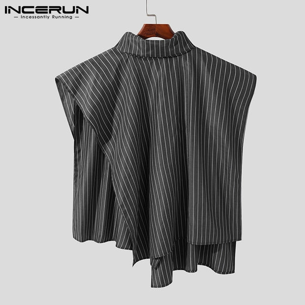 Fashion Men Vests Striped Turtleneck Sleeveless Cloak Streetwear Ponchos Irregular Vests 2022 Loose Casual Men Waistcoat INCERUN