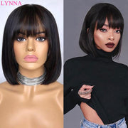 Short Bob Wigs For Black Women Natural Black Brazilian Straight Human hair Wigs With Bangs Full Machine Made Glueless Fringe Wig