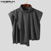 Fashion Men Vests Striped Turtleneck Sleeveless Cloak Streetwear Ponchos Irregular Vests 2022 Loose Casual Men Waistcoat INCERUN