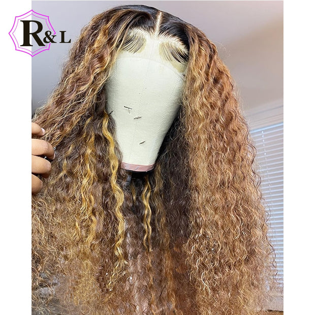 RULINDA Highlight 13X4 Curly Lace Front Human Hair Wigs With Baby Hair Ombre Color Brazilian Remy Human Hair Lace Wigs For Women