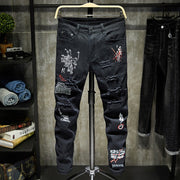 Mode à la mode broderie lettres hommes collège garçons maigre piste fermeture éclair Denim pantalon détruit déchiré jean noir blanc jean