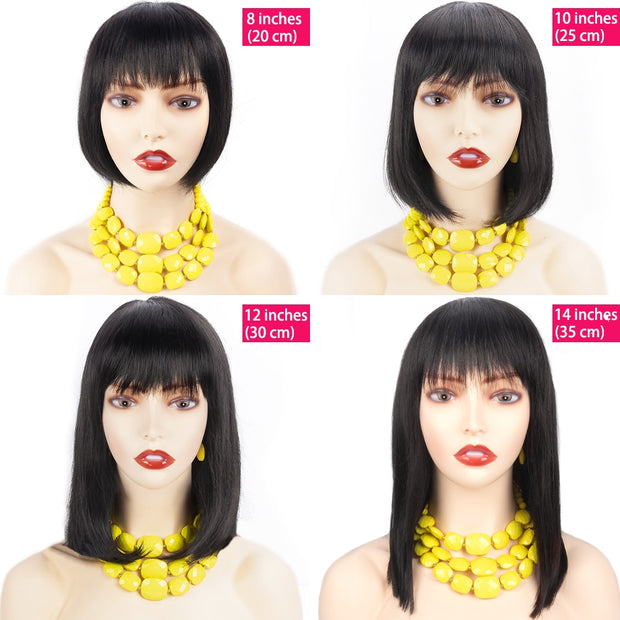 Short Bob Wigs For Black Women Natural Black Brazilian Straight Human hair Wigs With Bangs Full Machine Made Glueless Fringe Wig