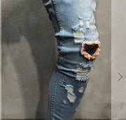 Fashion New Male hole badge embroidery denim trousers pants Men&#39;s streetwear hiphop skinny Casual Patch Jeans