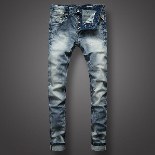 Italian Fashion Men Jeans Retro Light Gray Blue Elastic Cotton Slim Fit Ripped Jeans Men Vintage Designer Denim Buttons Pants