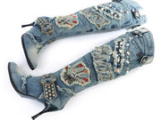 APsavings KNCOKAR New Blue Denim Water Wash Knee High  Stiletto Heels Pumps Cowboy Women&amp;#39;s Shoes High Heels Jean Knight Boots