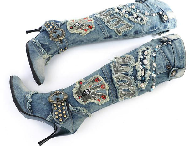 APsavings KNCOKAR New Blue Denim Water Wash Knee High  Stiletto Heels Pumps Cowboy Women&amp;#39;s Shoes High Heels Jean Knight Boots