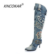 APsavings KNCOKAR New Blue Denim Water Wash Knee High  Stiletto Heels Pumps Cowboy Women&amp;#39;s Shoes High Heels Jean Knight Boots