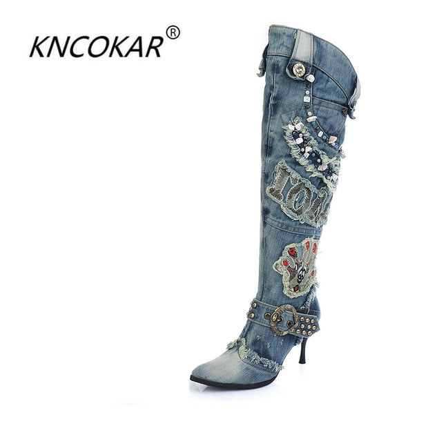 APsavings KNCOKAR New Blue Denim Water Wash Knee High  Stiletto Heels Pumps Cowboy Women&amp;#39;s Shoes High Heels Jean Knight Boots