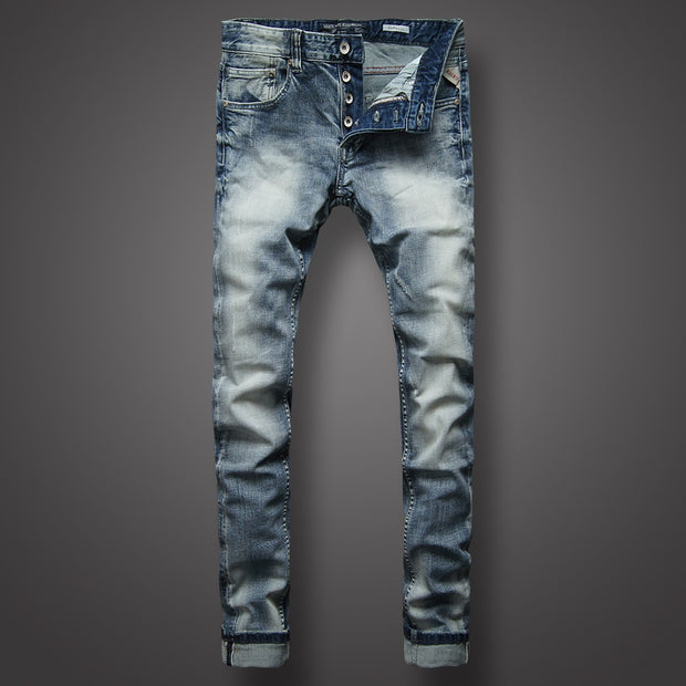 Italian Fashion Men Jeans Retro Light Gray Blue Elastic Cotton Slim Fit Ripped Jeans Men Vintage Designer Denim Buttons Pants