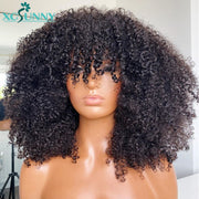 Afro Kinky Curly Wig With Bangs Full Machine Made Scalp Top Wig 200 Density Remy Brazilian Short Curly Human Hair Wigs Xcsunny