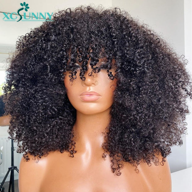 Afro Kinky Curly Wig With Bangs Full Machine Made Scalp Top Wig 200 Density Remy Brazilian Short Curly Human Hair Wigs Xcsunny