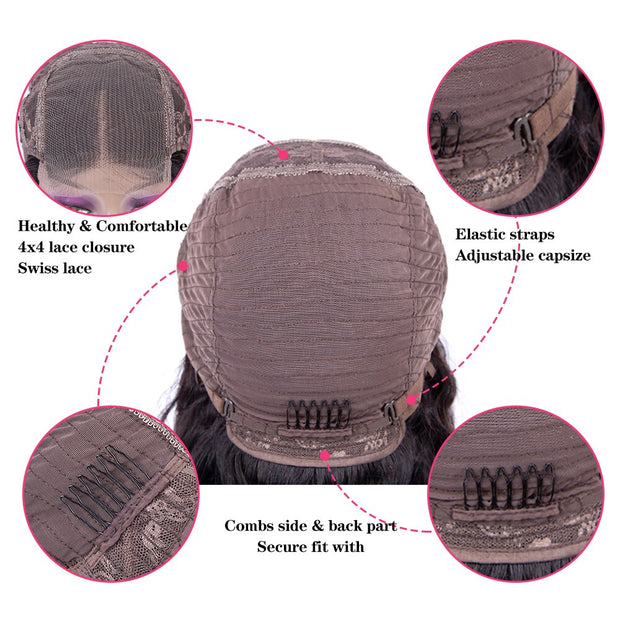 Sophies Deep Wave 4*4 Lace Closure Human Hair Wigs For Black Women Pre Plucked Hairline 150% Density Brazilian Non-Remy Hair