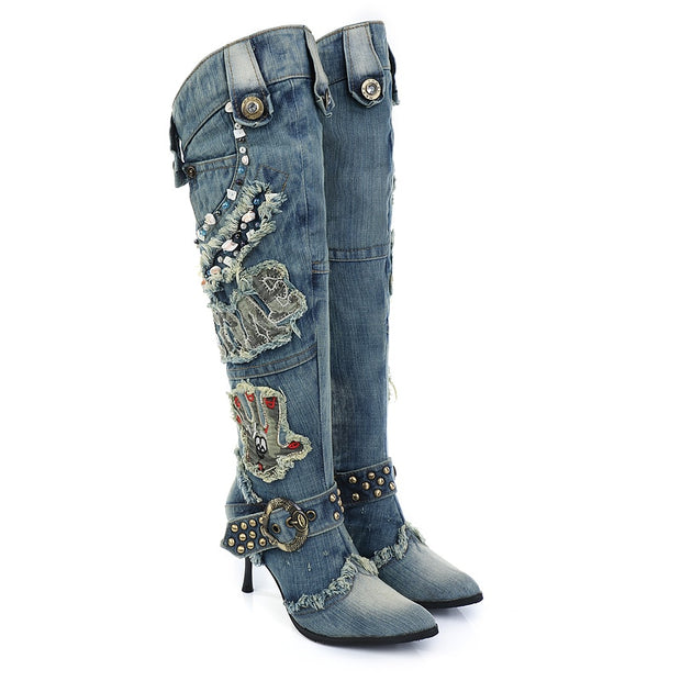 APsavings KNCOKAR New Blue Denim Water Wash Knee High  Stiletto Heels Pumps Cowboy Women&amp;#39;s Shoes High Heels Jean Knight Boots