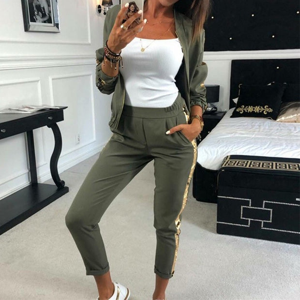 Patchwork Sequin Women&#39;s Tracksuit Zipper Long Sleeve Coat Drawstring Pants Female Sports Sets 2021 New Thin Fashion Ladies Suit