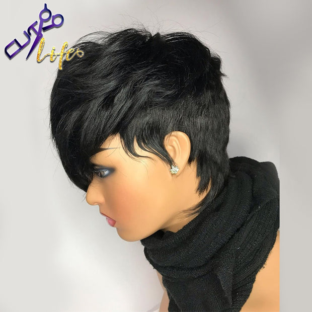 Short Cut Pixie Cut Wigs Wave Wavy Hair Peruvian Remy Human Hair Wig For Women Full Machine Made Wig Black Fast Shipping Culife