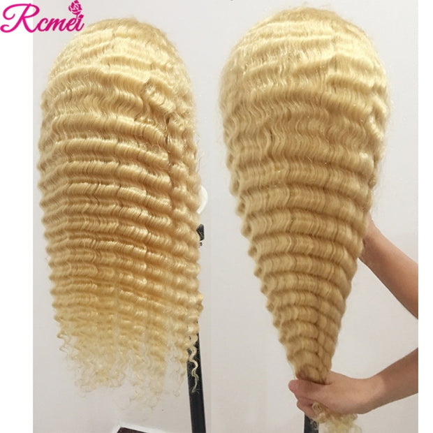 42&#39;&#39; 13X4 Deep Wave 613 Blonde Lace Front Human Hair Wigs Pre Plucked With Baby Hair Curly Lace Frontal Wig Remy Brazilian 150