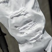 Mode à la mode broderie lettres hommes collège garçons maigre piste fermeture éclair Denim pantalon détruit déchiré jean noir blanc jean