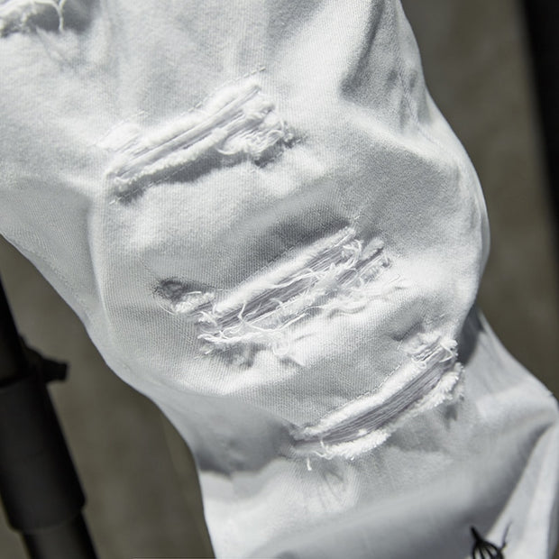 Mode à la mode broderie lettres hommes collège garçons maigre piste fermeture éclair Denim pantalon détruit déchiré jean noir blanc jean