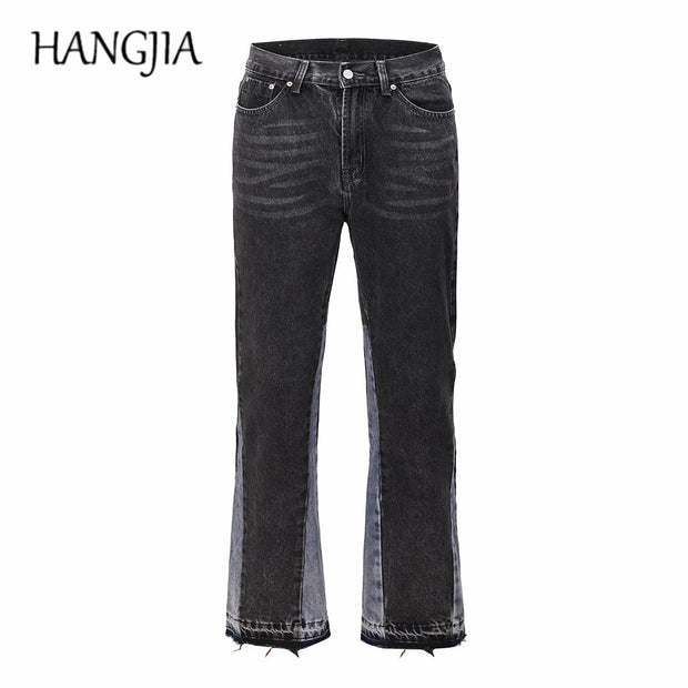 Vintage Patchwork Flare Jeans Urbain Hommes Streetwear Large Jambe Denim Pantalon Hip Hop Noir Colorblock Slim Fit Denim Jeans pour Hommes