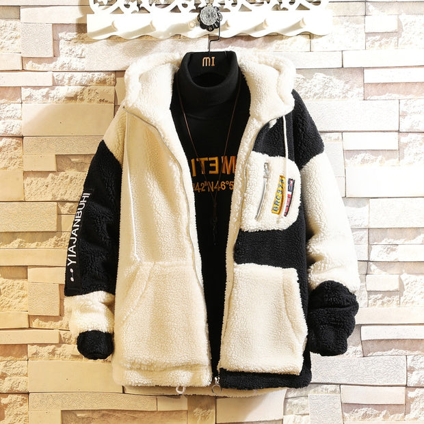 Bomber Black White Jacket Men&#39; Winter Thick Warm Fleece Teddy Coat For Mens SportWear Male Fluffy Fleece Hoodies Coat