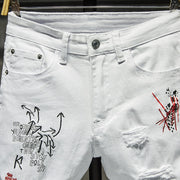 Mode à la mode broderie lettres hommes collège garçons maigre piste fermeture éclair Denim pantalon détruit déchiré jean noir blanc jean