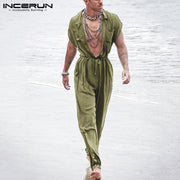 INCERUN Summer Men Casual Jumpsuits Solid Shortsleeve Streetwear Thin Rompers Loose Breathable Button Men Cargo Overalls S-5XL