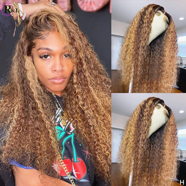 RULINDA Highlight 13X4 Curly Lace Front Human Hair Wigs With Baby Hair Ombre Color Brazilian Remy Human Hair Lace Wigs For Women