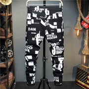 Men&#39;s White Letters Numbers Print Black Jeans Trendy Sim Fit Stretch Denim Pencil Pants Trousers