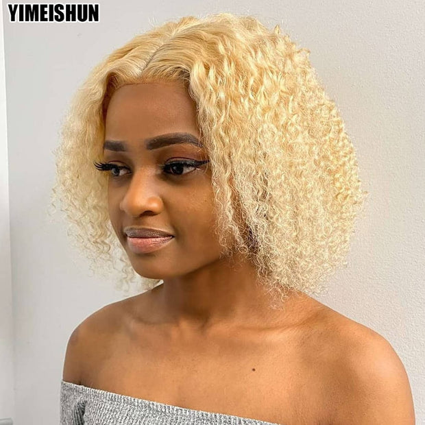 Kinky Curly Wig Blonde Bob Wig Brazilian 13x4 Lace Frontal Human Hair Wigs Blonde Curly Human Hair Wig With Frontal Yimeishun