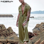 INCERUN Summer Men Casual Jumpsuits Solid Shortsleeve Streetwear Thin Rompers Loose Breathable Button Men Cargo Overalls S-5XL