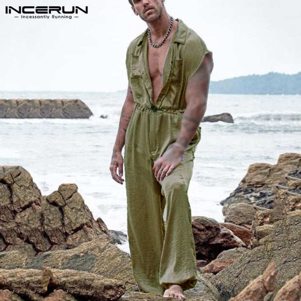 INCERUN Summer Men Casual Jumpsuits Solid Shortsleeve Streetwear Thin Rompers Loose Breathable Button Men Cargo Overalls S-5XL
