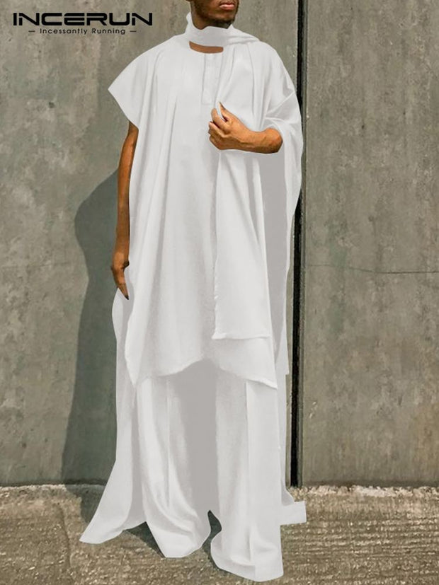 Men Sets Muslim Islamic Arabic Kaftan Sets Loose Solid Asymmetrical Sleeve Robes &amp; Pants Two Pieces Sets Men Suits INCERUN 5XL 7