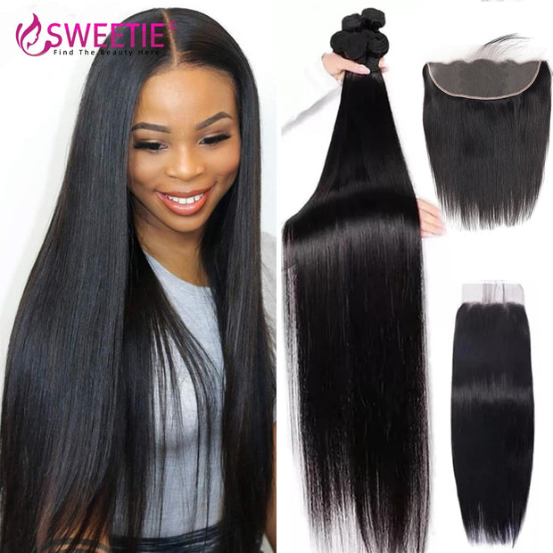 Sweetie 13X4 Ear To Ear Lace Frontal Closure With Bundles Peruvian Straight Human Hair Bundles With Frontal Remy Hair Extension