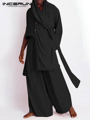 Men Sets Solid Vintage Streetwear 2022 Scarf Irregular Sleeve Asymmetrical Shirts &amp; Wide Leg Pants Men Casual Suits INCERUN 5XL