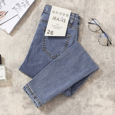 CHIC Elastic Denim Skinny Jeans Woman High Waist Pencil Pants Woman Korean Fashion Show Slim High Light Blue Gray Jean Female
