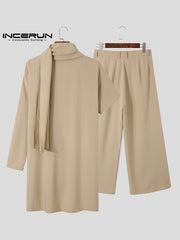 Men Sets Solid Vintage Streetwear 2022 Scarf Irregular Sleeve Asymmetrical Shirts &amp; Wide Leg Pants Men Casual Suits INCERUN 5XL