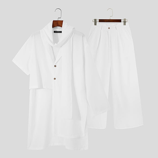 Men Sets Solid Vintage Streetwear 2022 Scarf Irregular Sleeve Asymmetrical Shirts &amp; Wide Leg Pants Men Casual Suits INCERUN 5XL