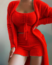 2022 New Autumn Winter Women&#39;s Velvet Pajamas Set Crop Top+Long Pants+Coat 3 Pieces Suit Warm Soft Fleece Homewear Pyjamas S-3XL