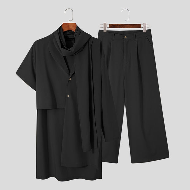 Men Sets Solid Vintage Streetwear 2022 Scarf Irregular Sleeve Asymmetrical Shirts &amp; Wide Leg Pants Men Casual Suits INCERUN 5XL