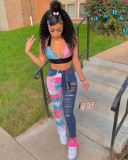 Bandana Print Women Jeans Distressed Skinny Denim Pants Flare Slim Bottoms Fitness Autumn Winter Streetwear Outfits Trousers