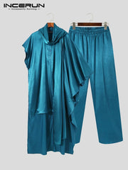 Men Sets Muslim Islamic Arabic Kaftan Sets Loose Solid Asymmetrical Sleeve Robes &amp; Pants Two Pieces Sets Men Suits INCERUN 5XL 7