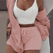 2022 New Autumn Winter Women&#39;s Velvet Pajamas Set Crop Top+Long Pants+Coat 3 Pieces Suit Warm Soft Fleece Homewear Pyjamas S-3XL