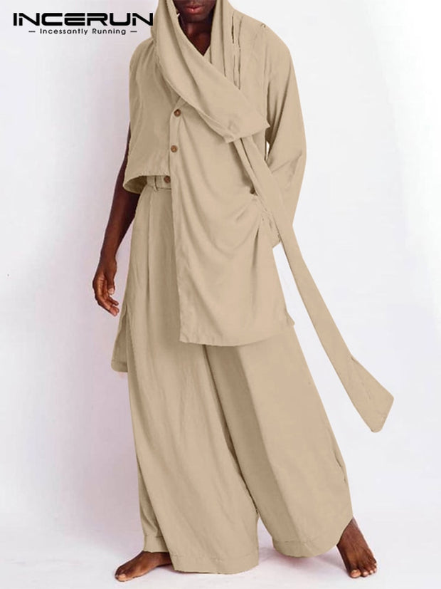 Men Sets Solid Vintage Streetwear 2022 Scarf Irregular Sleeve Asymmetrical Shirts &amp; Wide Leg Pants Men Casual Suits INCERUN 5XL