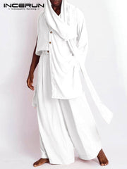 Men Sets Solid Vintage Streetwear 2022 Scarf Irregular Sleeve Asymmetrical Shirts &amp; Wide Leg Pants Men Casual Suits INCERUN 5XL